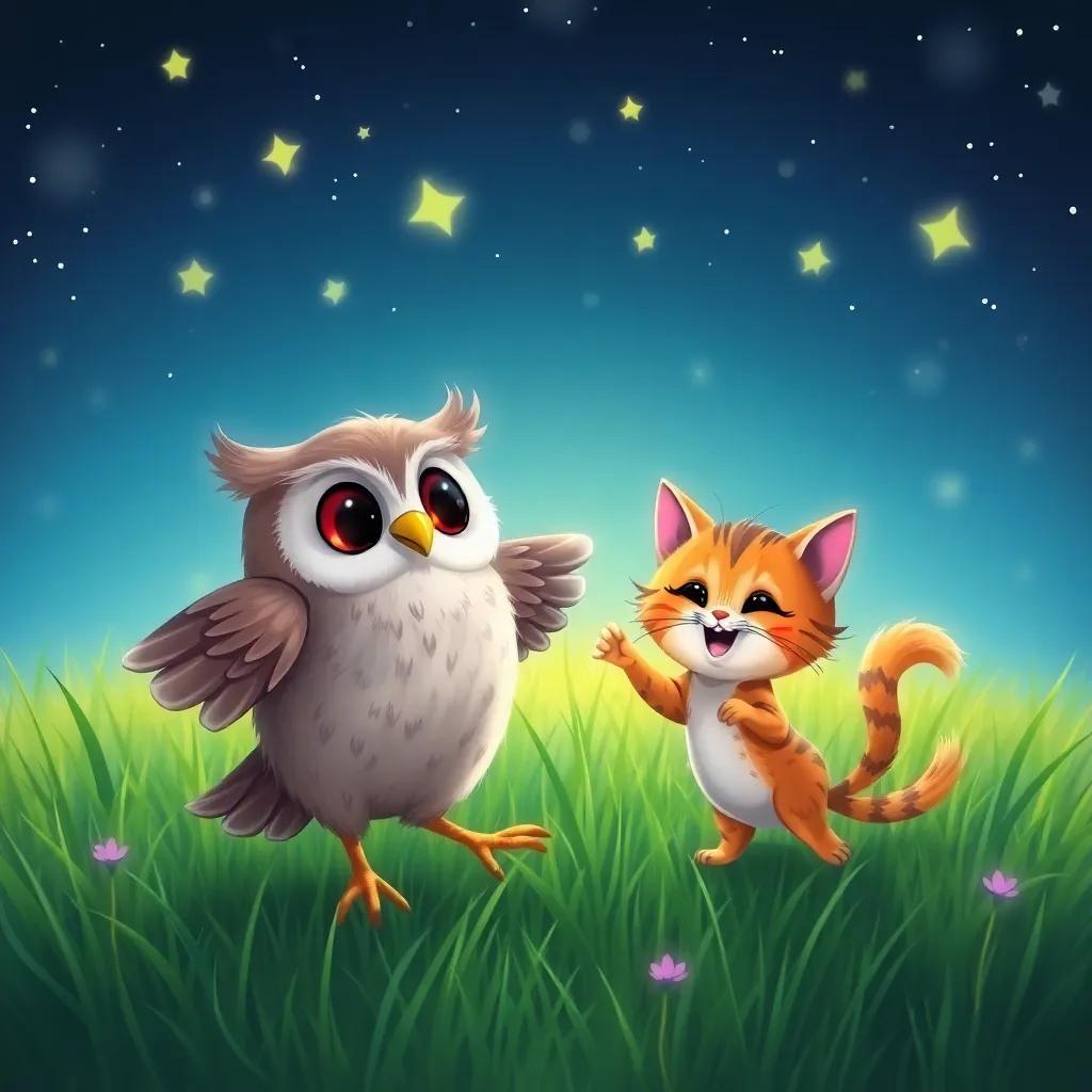 The owl and the kitty dancing in the grass under the stars, with joyful expressions, twinkling stars and a gentle breeze, digital art, dreamlike, colorful and vibrant