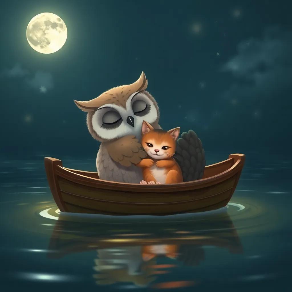 Owl and the kitty snuggled in their boat, with the owl wrapping a wing around the kitty, as they drift peacefully under the moonlight, art, heartwarming, glowing ambiance
