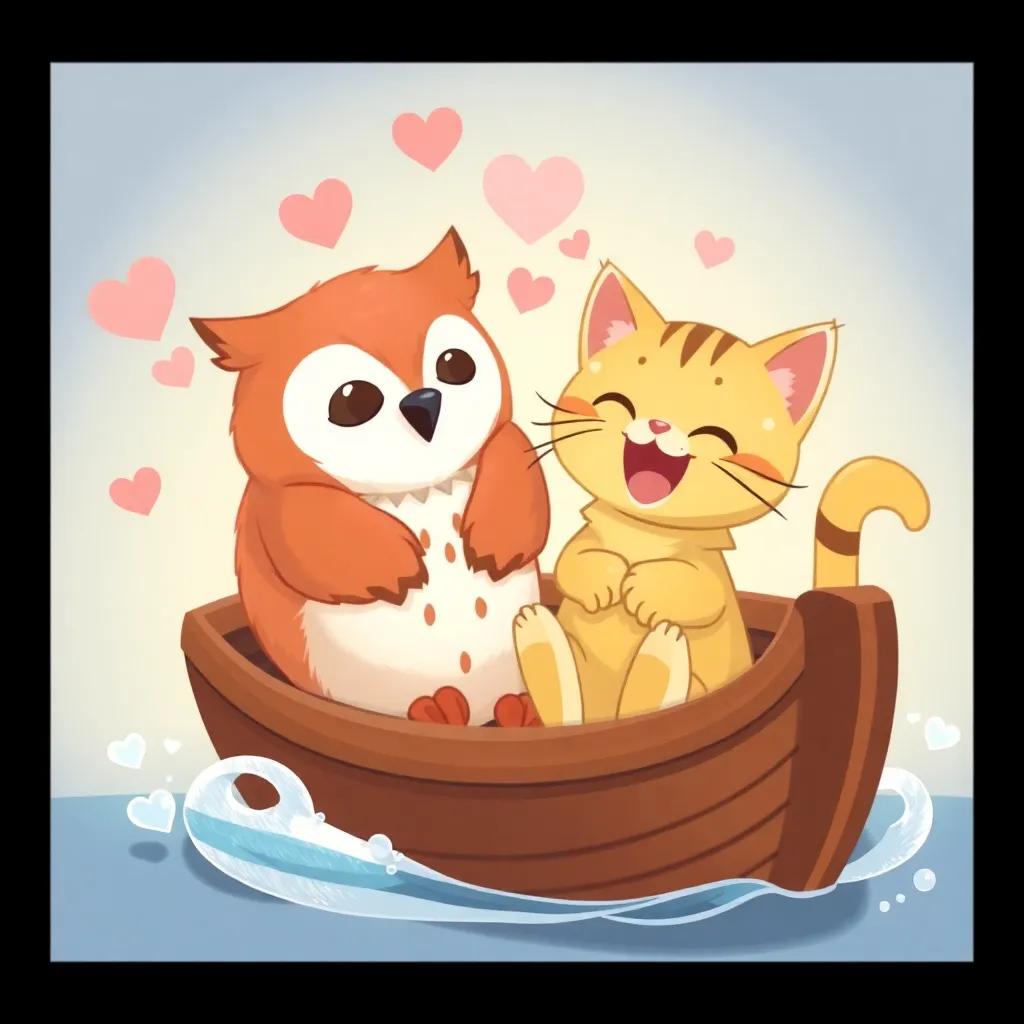The friendship between the owl and the kitty capturing many hearts, with them sharing laughter and adventures in their little boat, illustration, sweet, playful vibe