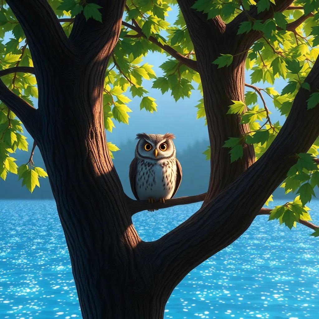 A wise old owl sitting in a tall tree near a sparkling lake, with leaves gently swaying in the breeze, digital art, detailed, vibrant colors, serene atmosphere, high quality