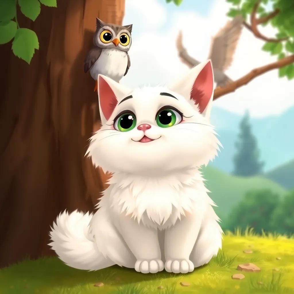 A fluffy white cat named Pippa with big green eyes sitting at the base of the tree looking up at the owl, cheerful expression, colorful landscape, illustration, joyful, child-friendly, high quality