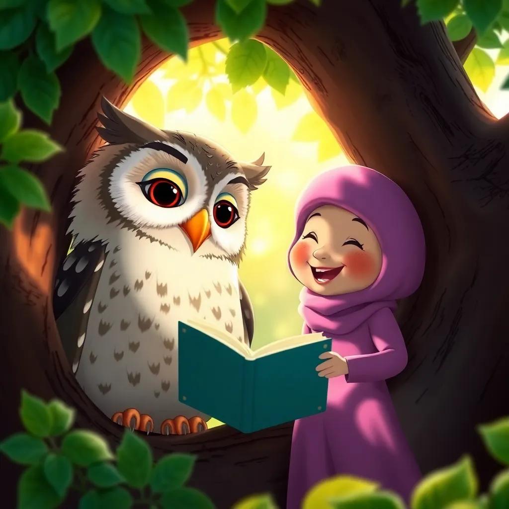 The owl and Pippa smiling together in the tree, sharing stories and laughing, bright sunlight filtering through the leaves, warm colors, cozy atmosphere, character focus, high quality