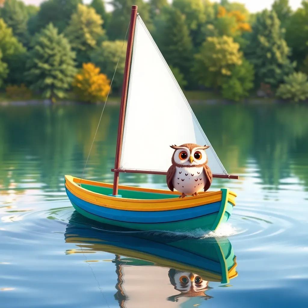 A colorful little boat with a big blue sail, floating on the lake as the owl and Pippa get ready for their adventure, bright and enchanting scenery, cheerful, vibrant colors, high quality