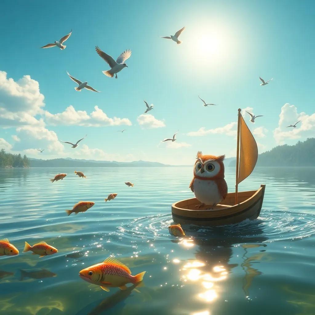 A beautiful lake with fish jumping and birds flying overhead as the owl and Pippa sail away, sun shining bright, creating sparkles on the water, artistic and whimsical, high quality