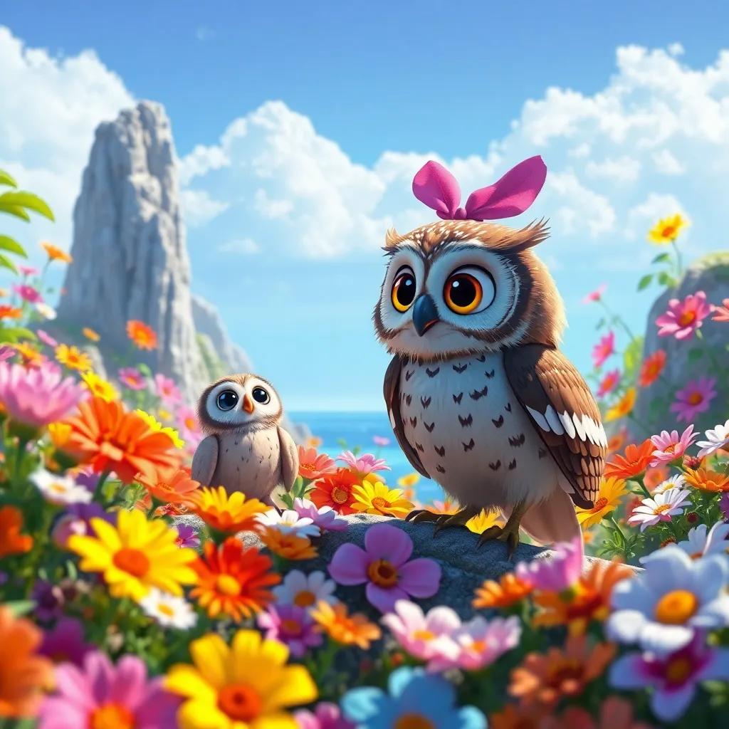The owl and Pippa discovering an island full of colorful flowers, amazed by the beauty, with nature surrounding them, bright and lively colors, high quality