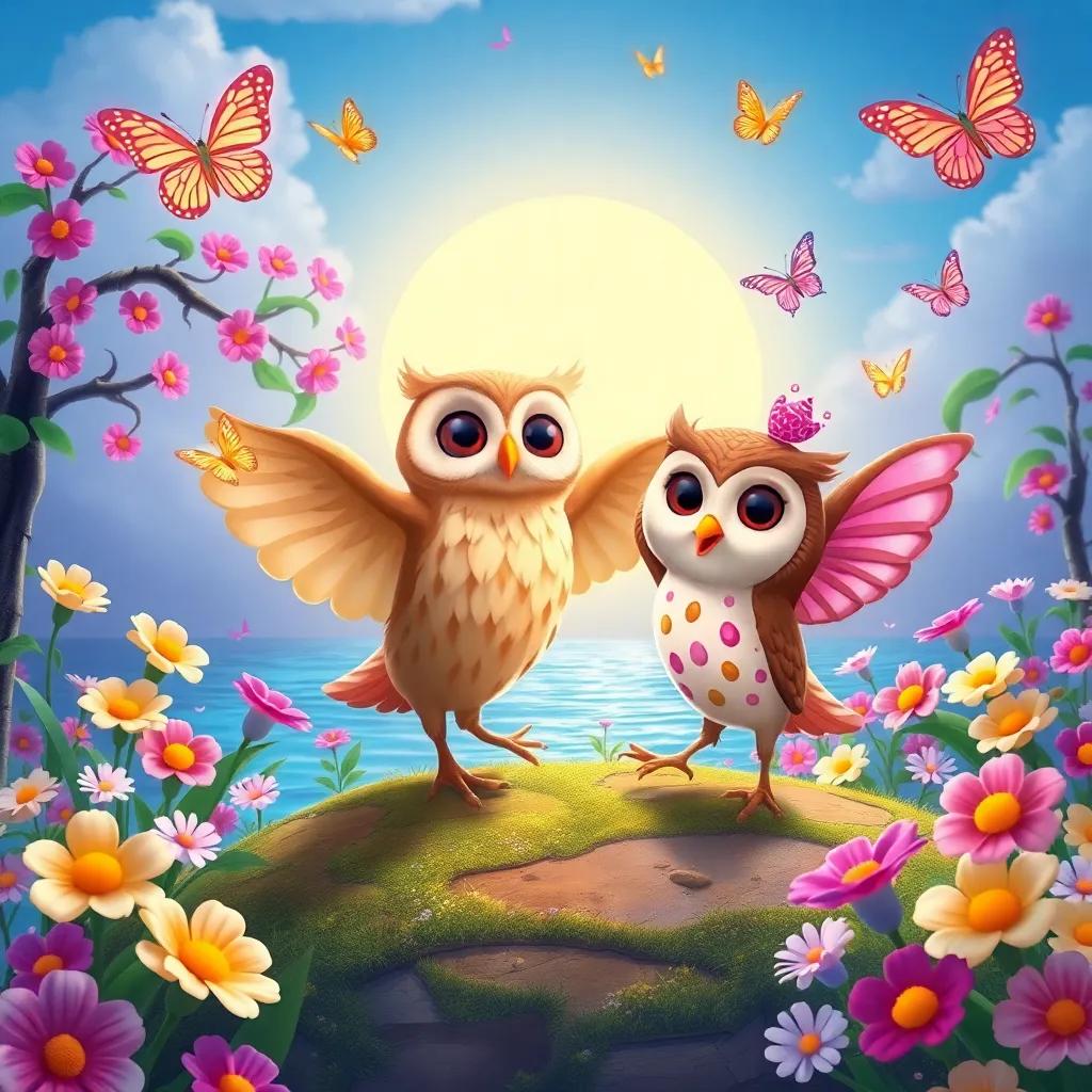 Pippa and the owl dancing amidst flowers on the island, a magical setting with singing flowers and butterflies, playful and joyful mood, vibrant colors, high quality