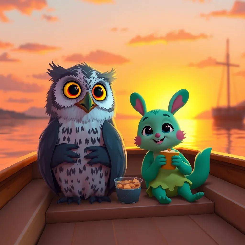 The owl and Pippa sitting back in their boat enjoying snacks as the sun sets, looking content and happy, warm sunset colors with a serene atmosphere, high quality