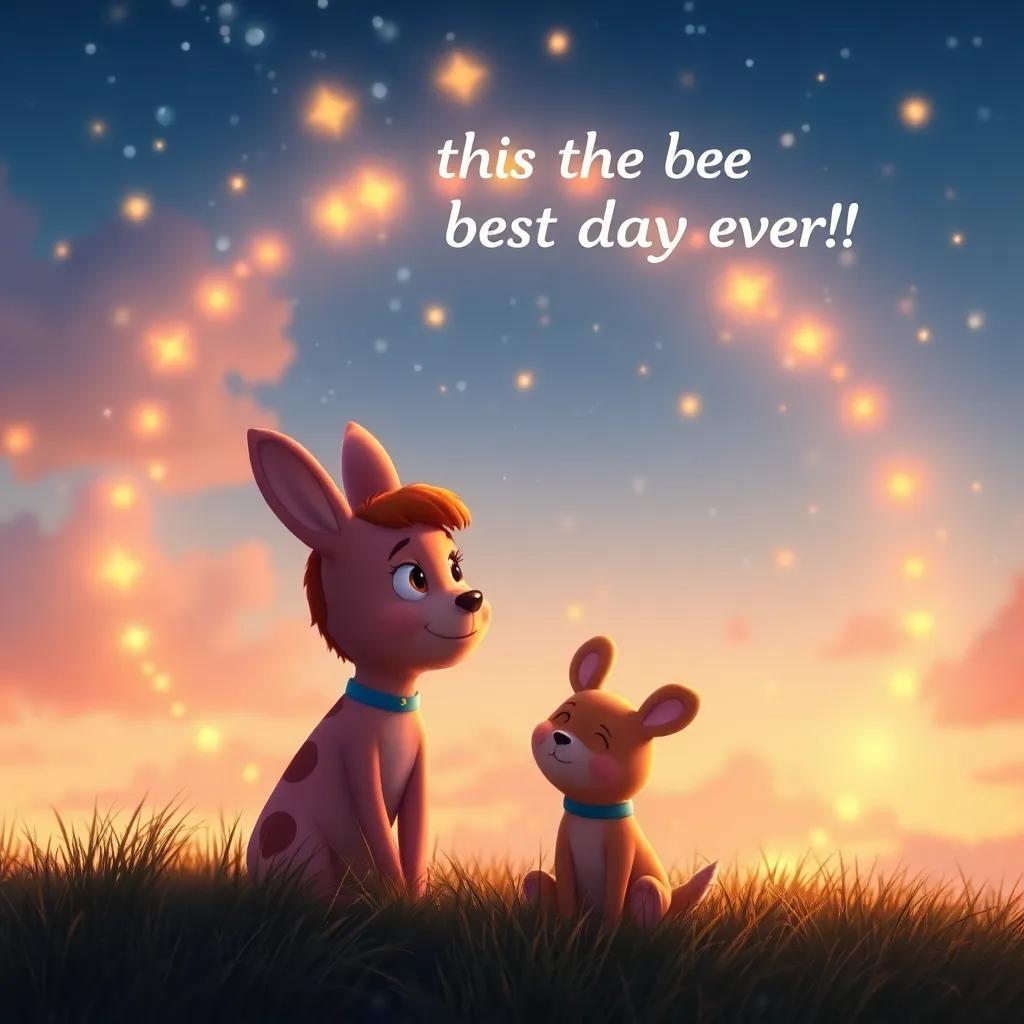 An evening scene of Pippa saying, 'This is the best day ever!', with a magical sky lit by stars around them, glow effects and warm colors, heartwarming, high quality