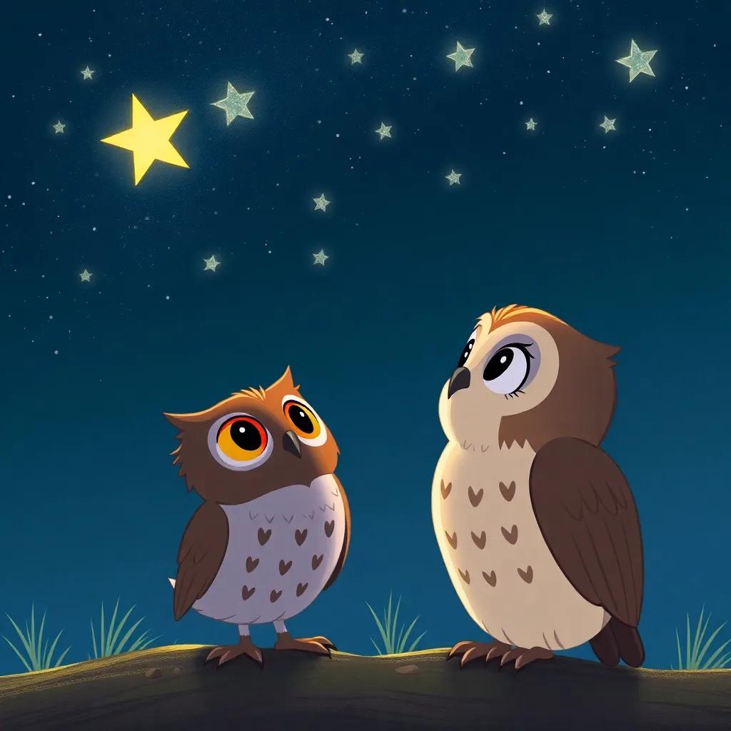 The owl and Pippa gazing at the stars sparkling in the night sky, feeling grateful for their friendship, whimsical, calm atmosphere, detailed night scene, high quality