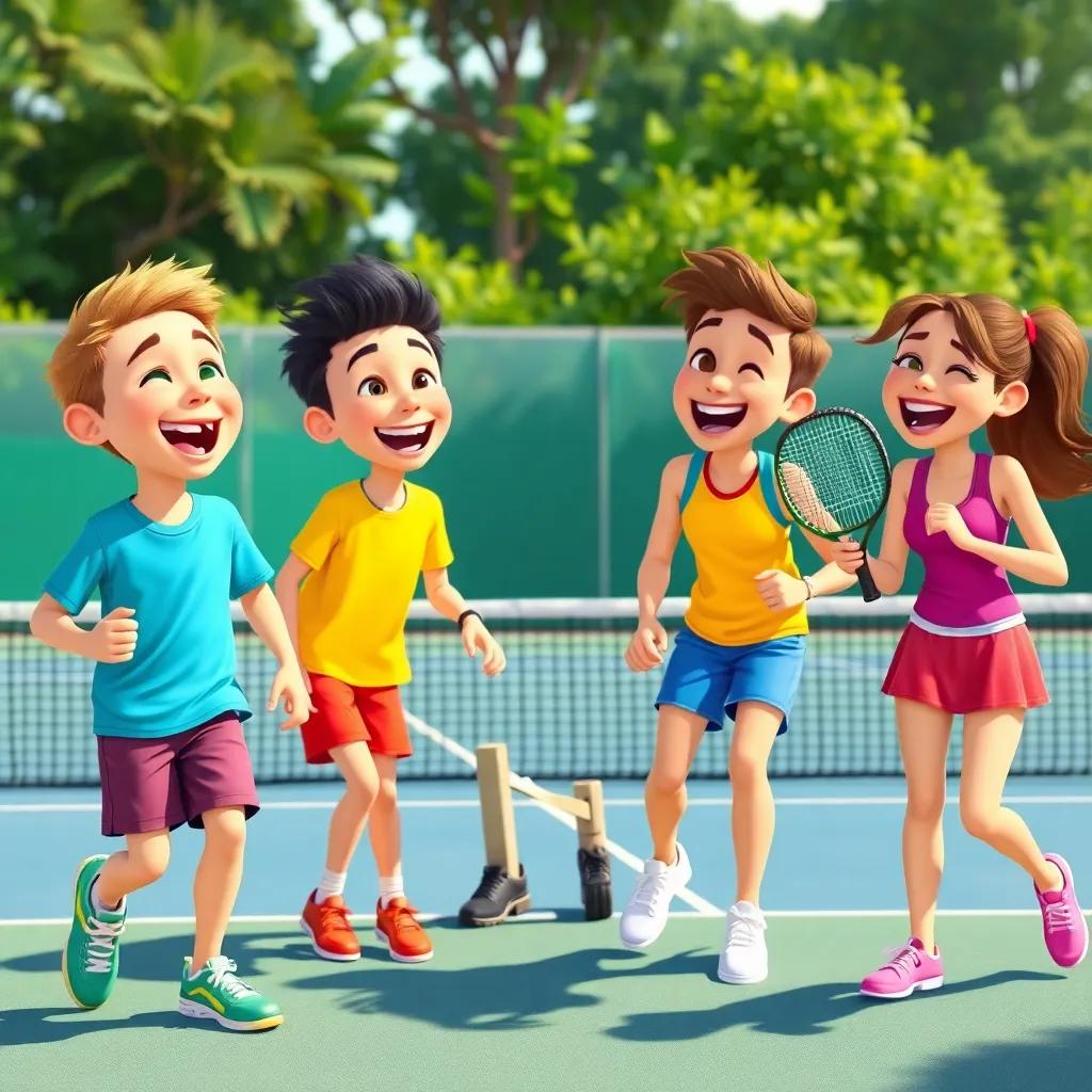 Max with friends on a sunny padel court, laughing and playing together, surrounded by greenery, wearing colorful sports outfits, joyful expressions, dynamic action, illustration, vibrant colors