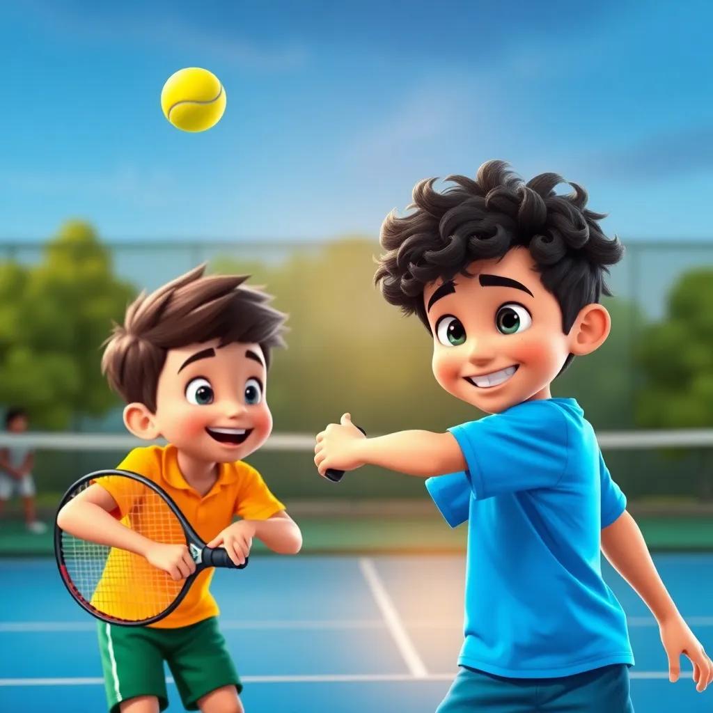 Max and Leo, tall boy with curly hair and bright blue t-shirt, playing padel together, both focused on hitting the ball, excitement in the air, lively scene on the court, cheerful colors, child-friendly