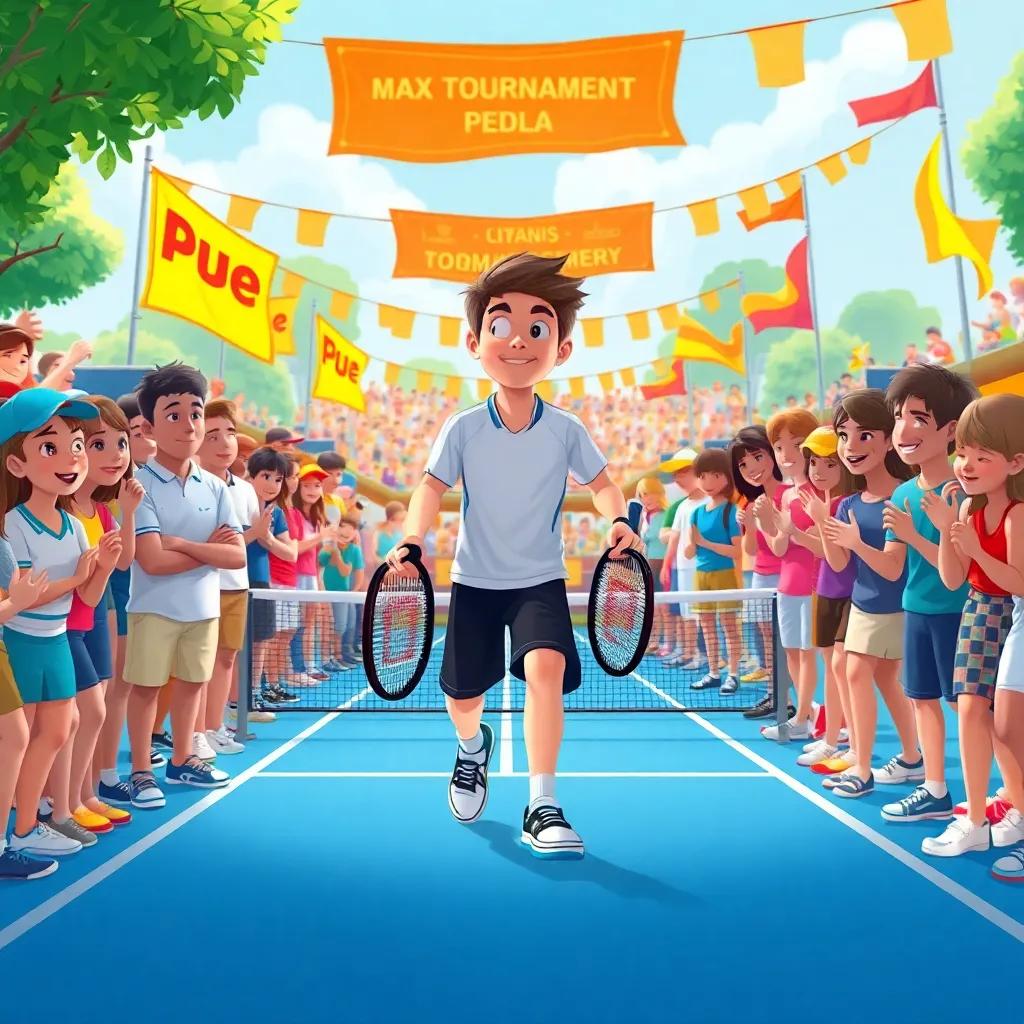 A busy padel tournament, crowd cheering, Max stepping onto the court with determination, wearing sports gear, friends supporting him from the sidelines, bright banners and flags waving, lively atmosphere, illustration