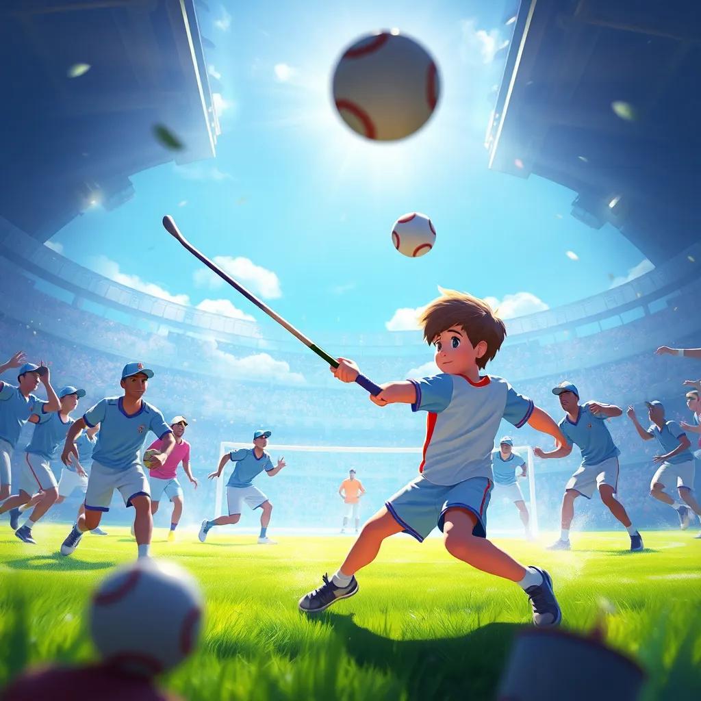 Max playing in the big tournament, focused and determined, hitting the ball, surrounded by teammates and opponents, dynamic movement, bright sunshine shining, thrilling atmosphere, digital painting