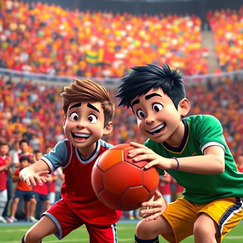 Max and Leo in the final match, giving their all, experiencing tension and excitement, focused on the ball with a filled crowd behind them, colorful sports gear, engaging perspective, joyful mood, high quality