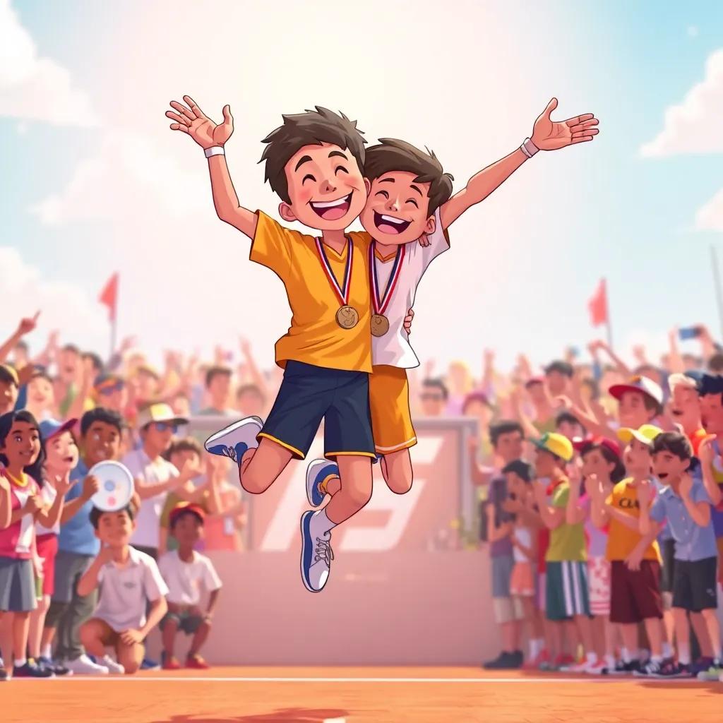Max jumping in joy after winning the tournament, hugging Leo, surrounded by cheering crowd, both wearing shiny medals, sunny day, warm colors, uplifting scene, celebration illustration
