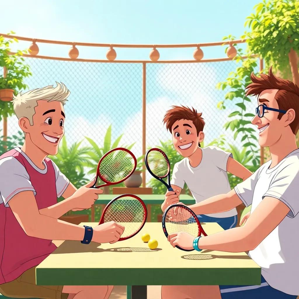 Max playing padel with his friends every chance he gets, enjoying the game and laughter, in a cozy setting, bright sunshine, happy expressions, lively scene, digital art