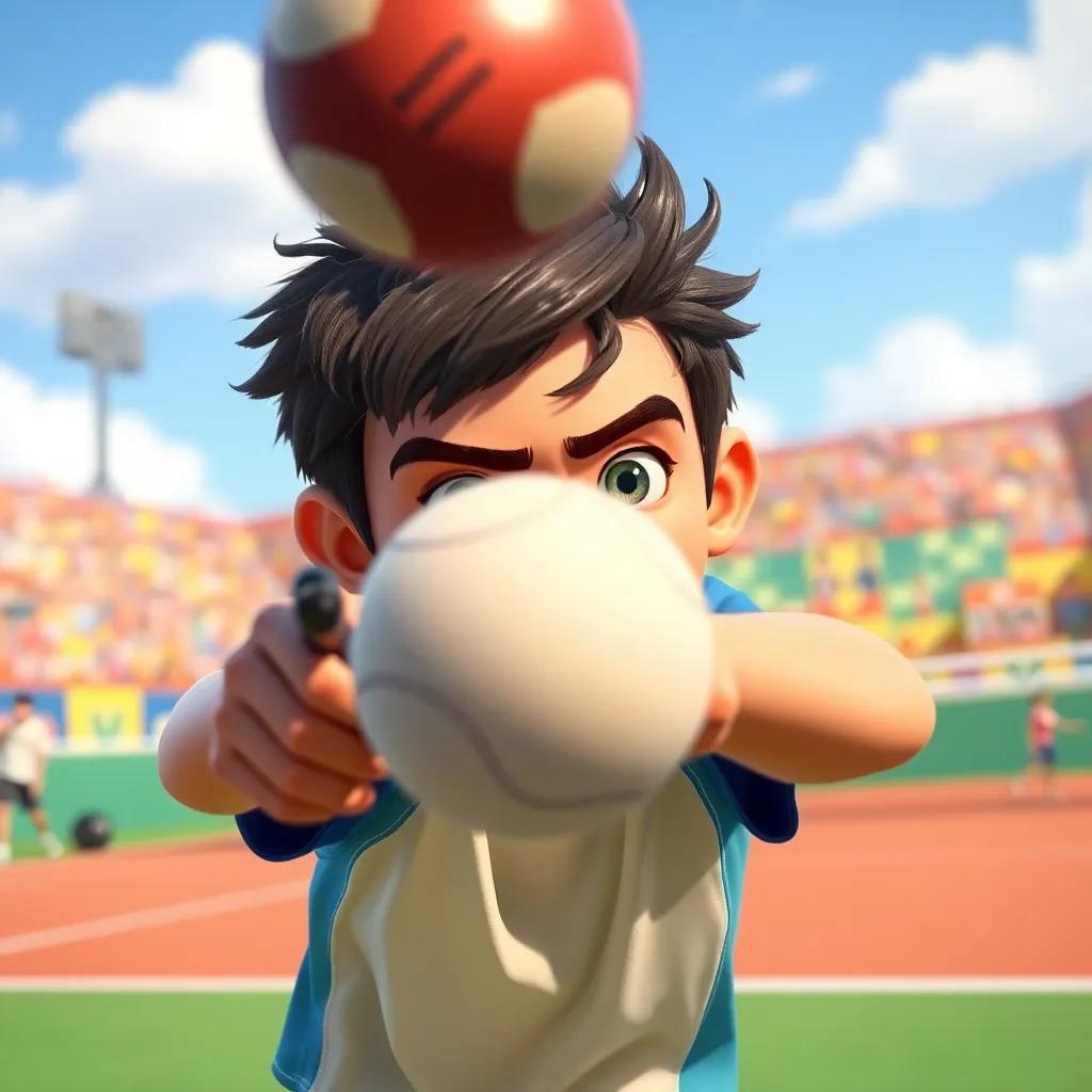 Max hitting the ball in an exciting match, focus and determination on his face, colorful court backdrop, energetic atmosphere, clear skies above, child-friendly