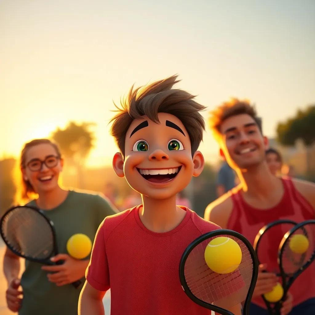 Max smiling with his friends after a fun day of playing padel, surrounded by paddles and balls, sunset casting a golden light, warm atmosphere, joyful moment, digital art