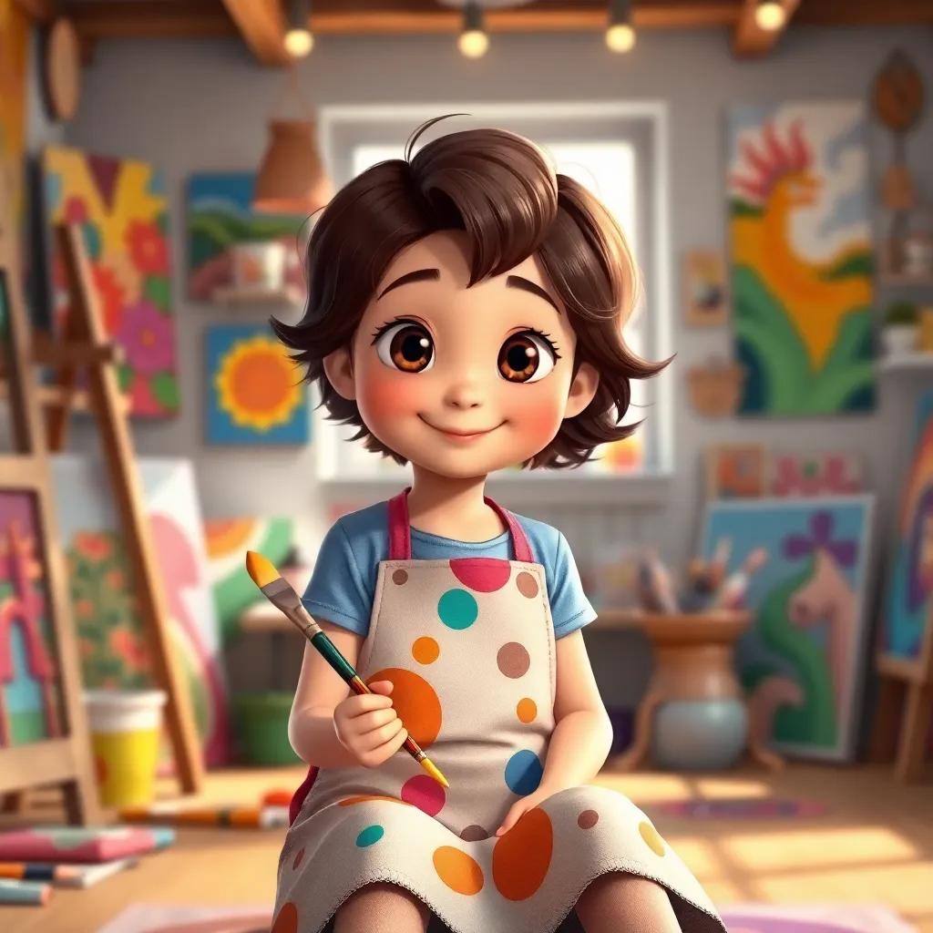 A young girl, Mia, with short, wavy brown hair, wearing a colorful apron and holding a paintbrush, sitting in her bright and cozy art room with colorful paintings all around, warm light, welcoming atmosphere, high quality