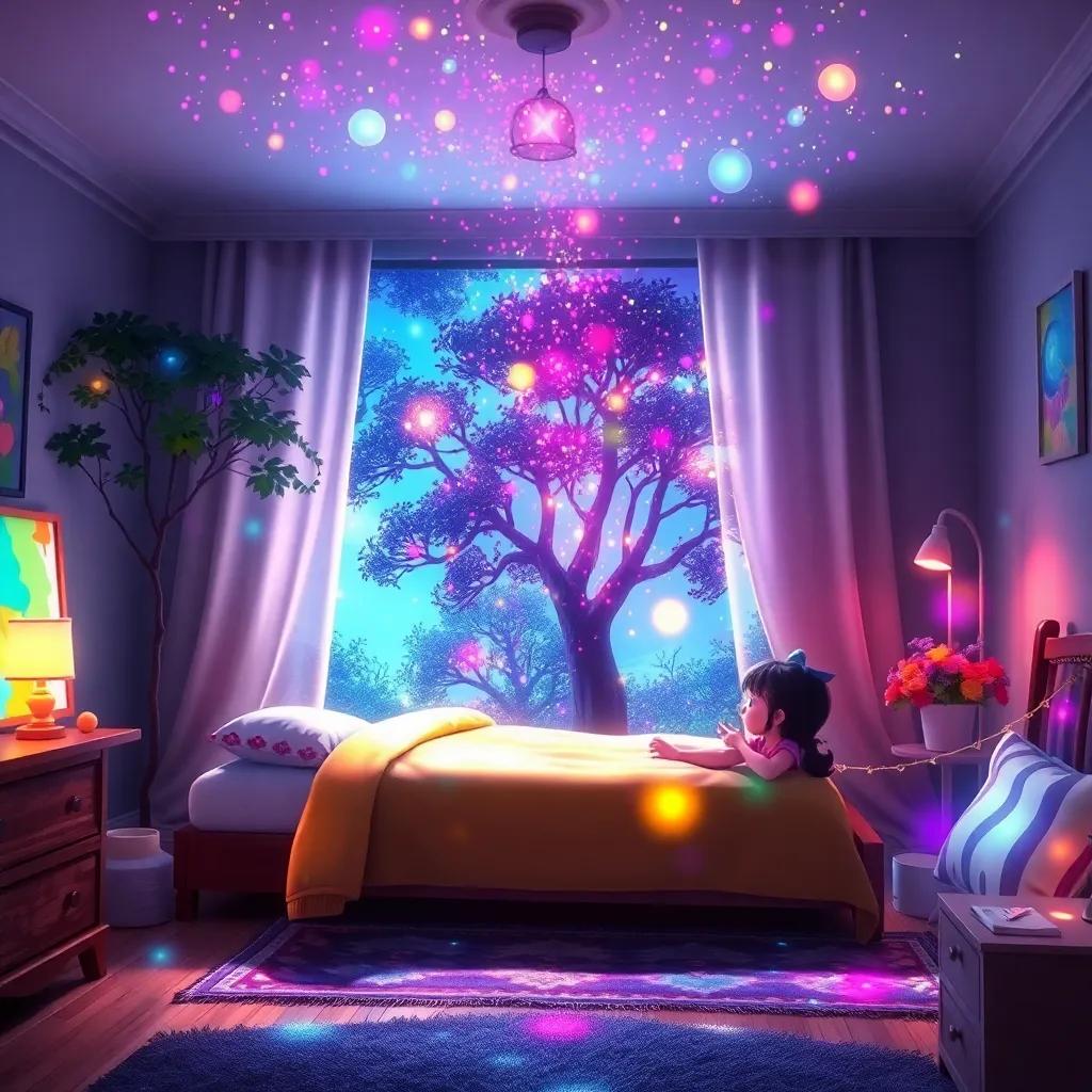 A magical scene in Mia's room as colors from her painting begin to twinkle, with vibrant hues swirling in the air and trees slowly swaying, enchanting digital art, bright colors, whimsical mood, high quality