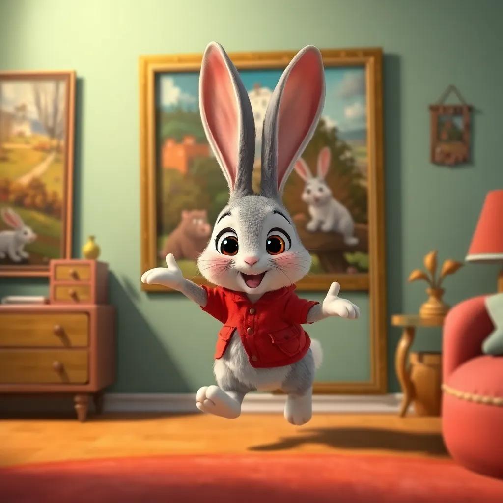 A cheerful rabbit, Benny, with big round eyes, wearing a tiny red jacket, hopping out of a painting into Mia’s room, cheerful environment, warm light, high quality