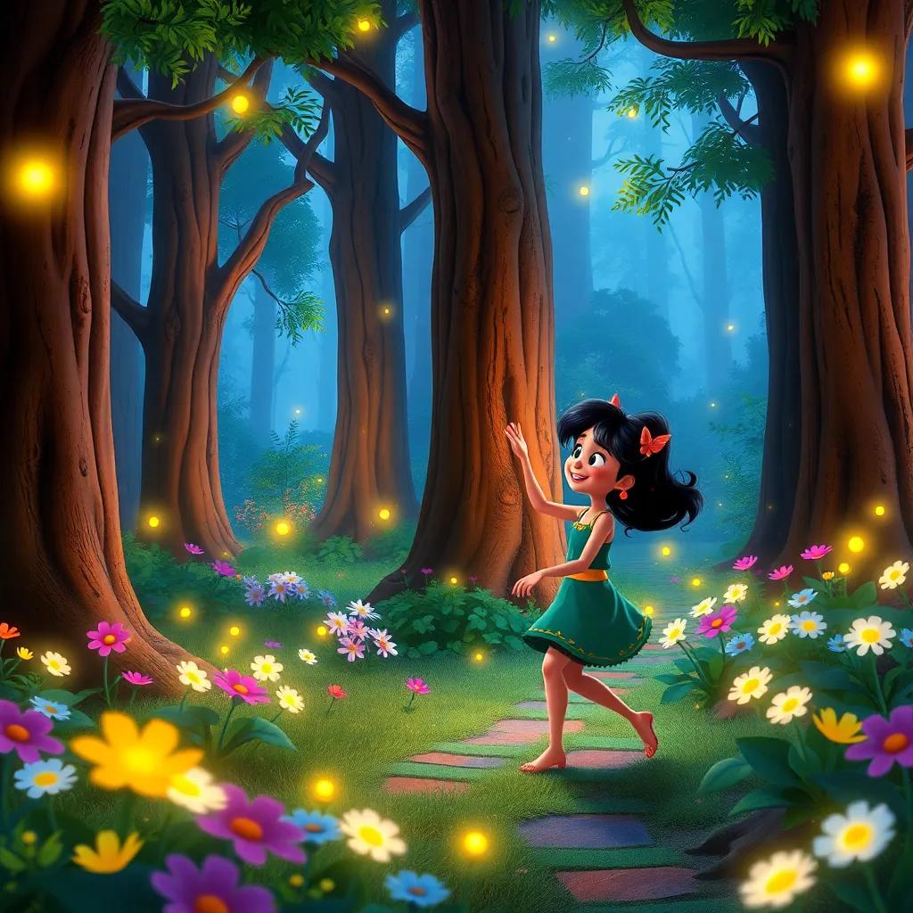 A magical forest scene with tall trees, sparkling flowers, and glowing fireflies, where Mia and Benny are dancing and having fun, delightful atmosphere, colorful and vibrant, high quality