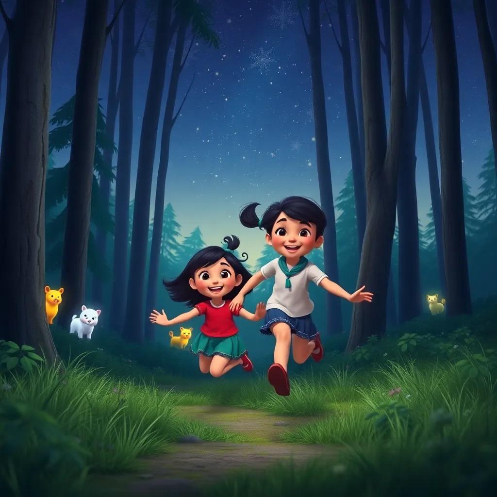 Mia, happily running with Benny in the forest, with twinkling stars above and glowing animals peeking out from behind the trees, joyous feeling, fantasy scene, high quality