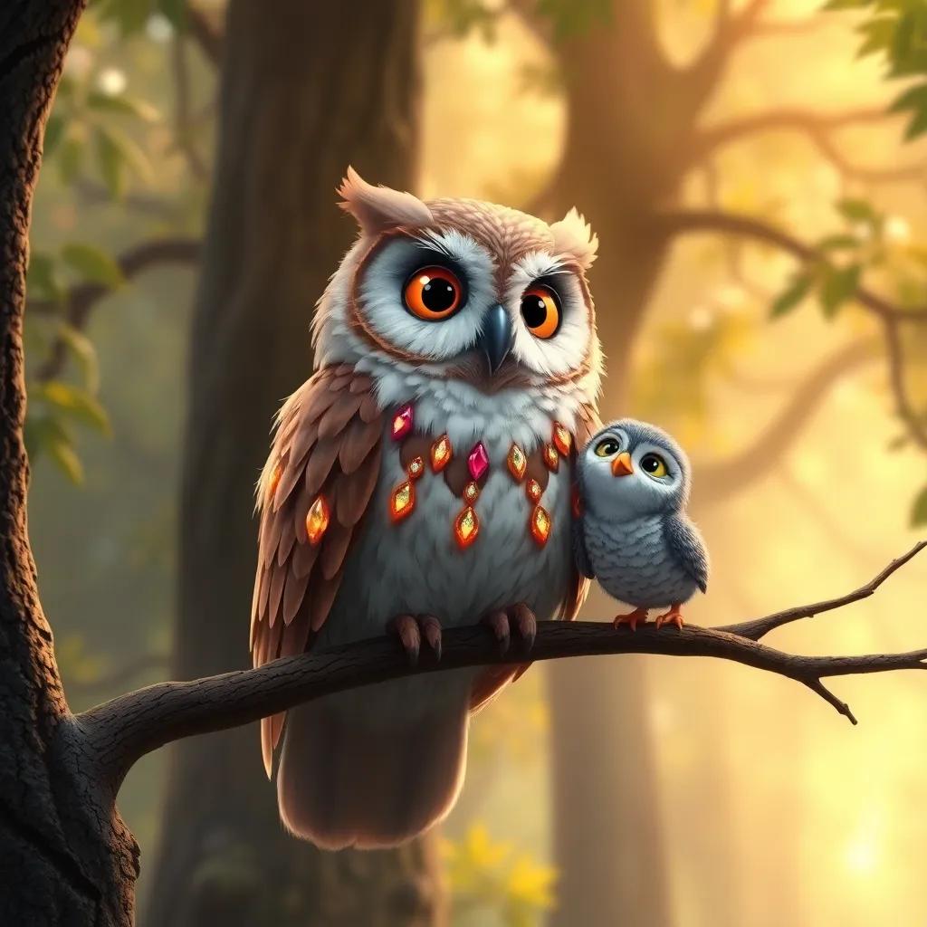 A wise old owl with feathers like jewels, sitting on a tree branch, looking at Mia and Benny with kind eyes, magical forest background, warm and inviting light, high quality