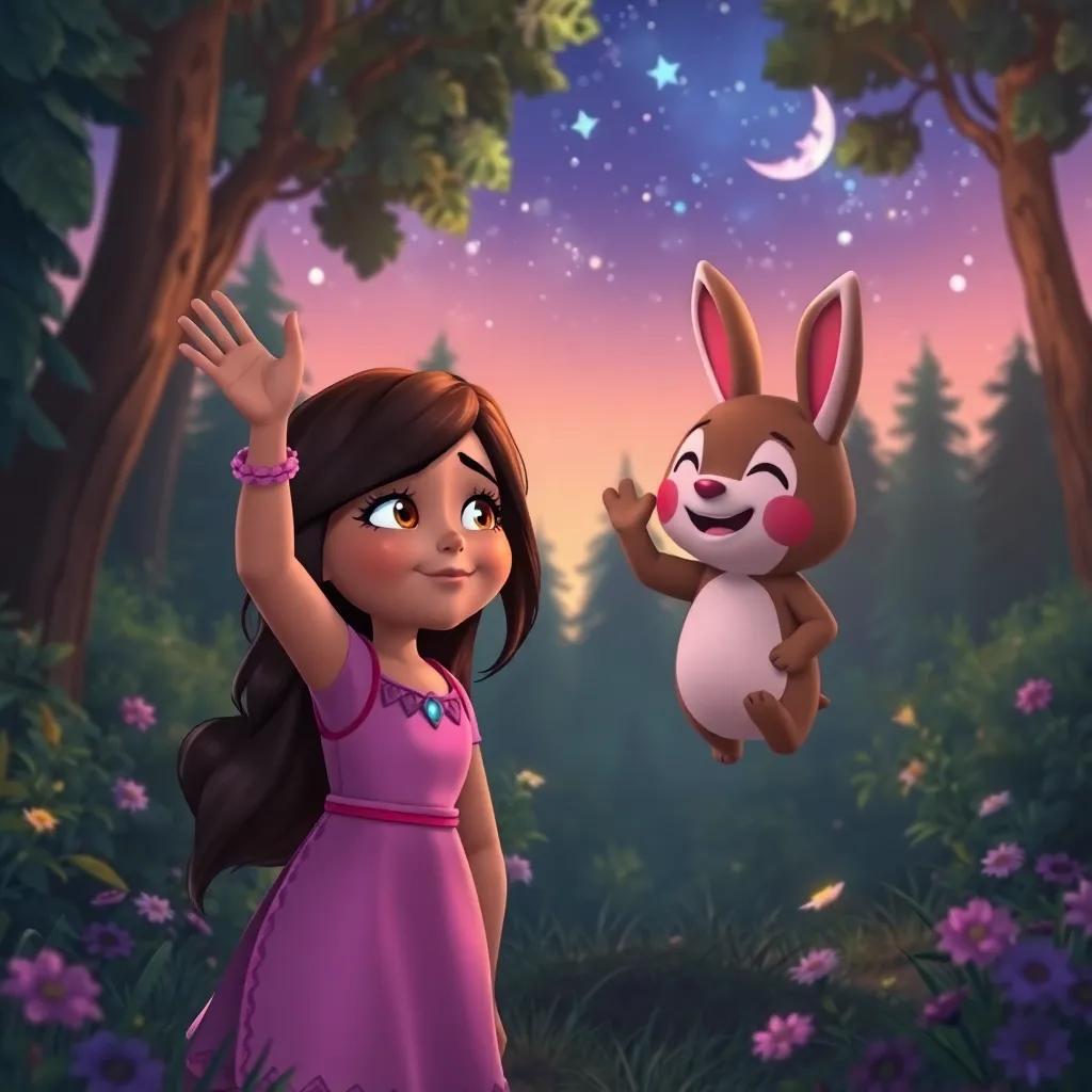 Mia waving goodbye to Benny in the magical forest, with sadness and joy on her face, as she starts to feel sleepy under the night sky, heartfelt moment, rich colors, high quality