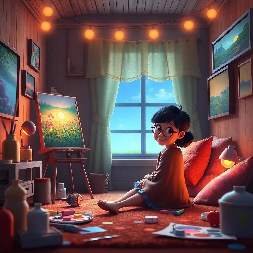 Mia back in her cozy room, with her paintings brightly glowing, and her paints scattered around, looking peaceful and happy after her adventure, warm atmosphere, heartwarming scene, high quality