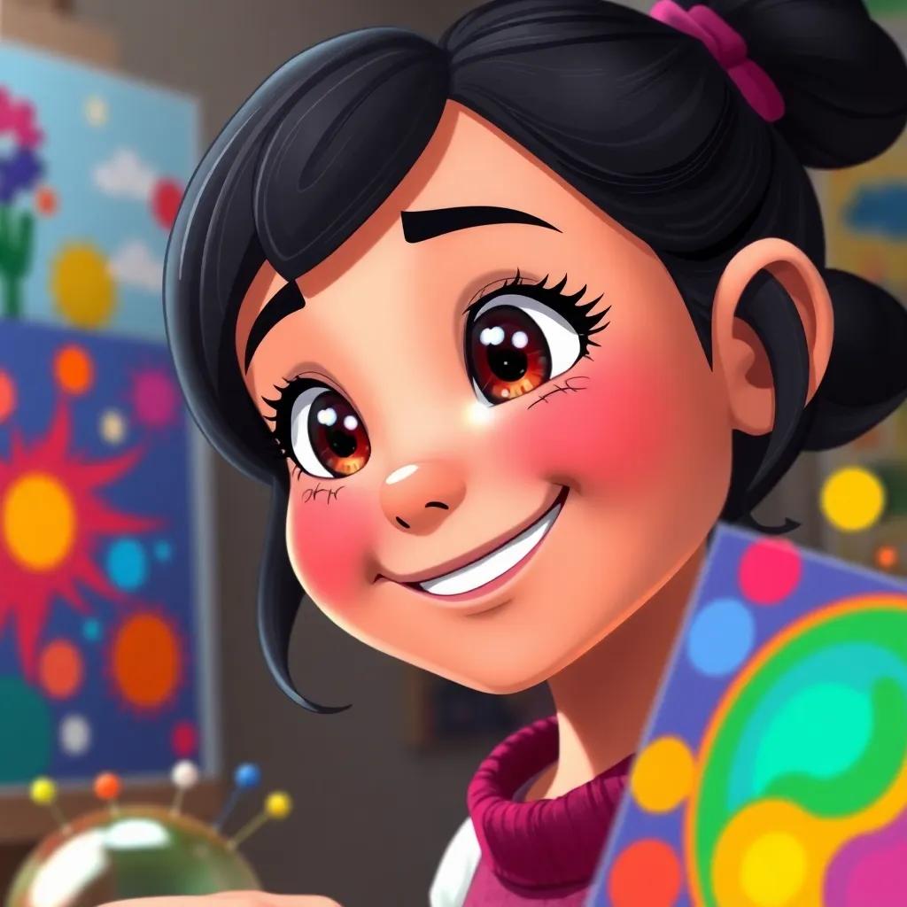 A close-up of Mia smiling at her paintings with a sparkle in her eyes, surrounded by vibrant colors and playful shapes that seem alive, inviting mood, colorful artwork, high quality