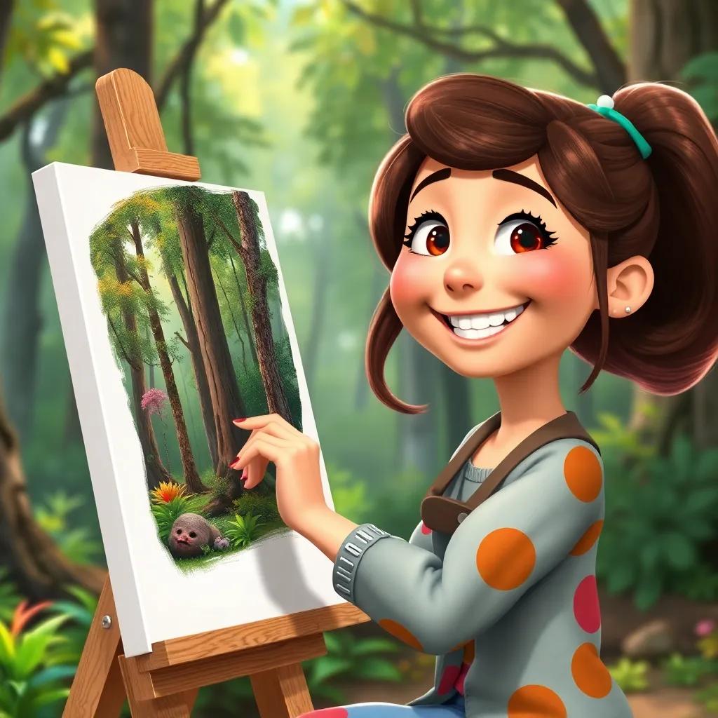 Mia painting at her easel with a big smile, containing bright and cheerful colors, showing a forest scene full of life, reflecting her excitement for her next adventure, creative and joyful aura, high quality