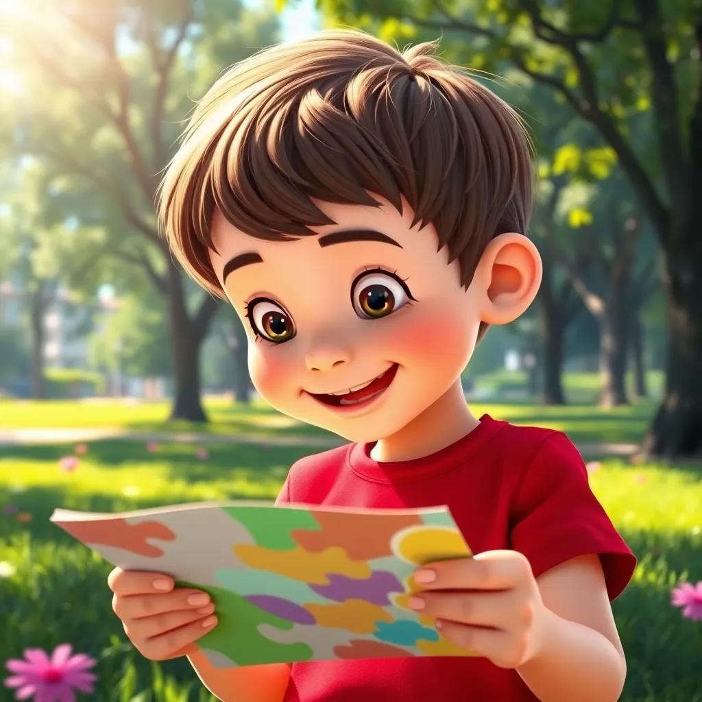 A curious boy, Tommy, with short brown hair and a bright red shirt, looking at a colorful piece of paper under the sunshine in a green park, joyful atmosphere, digital art, vibrant colors, cheerful scene, high quality
