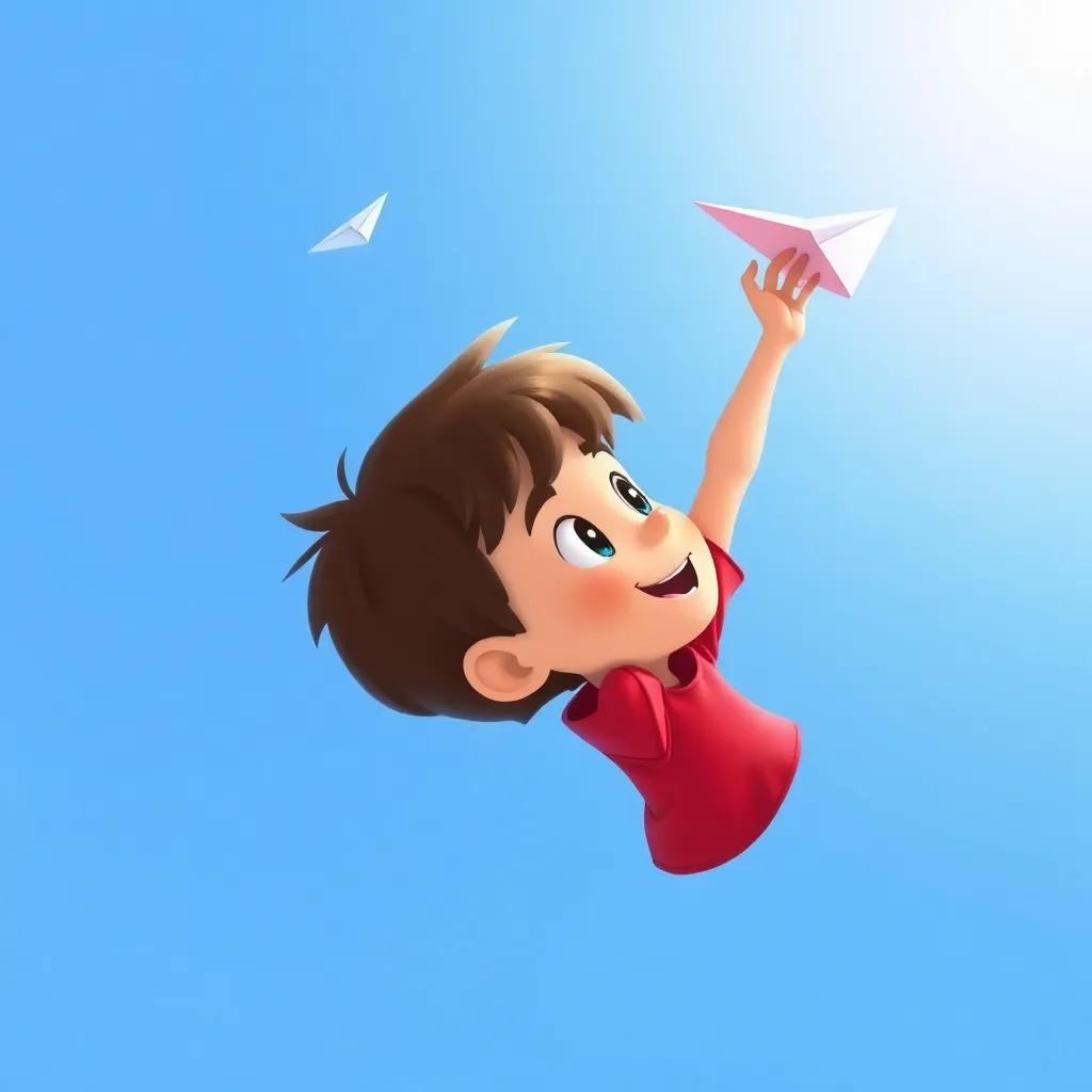 Tommy, a curious boy with short brown hair in a bright red shirt, throwing a bright paper plane high into a clear blue sky, the plane soaring and twirling, magical feel, detailed illustration, cheerful colors, dynamic perspective