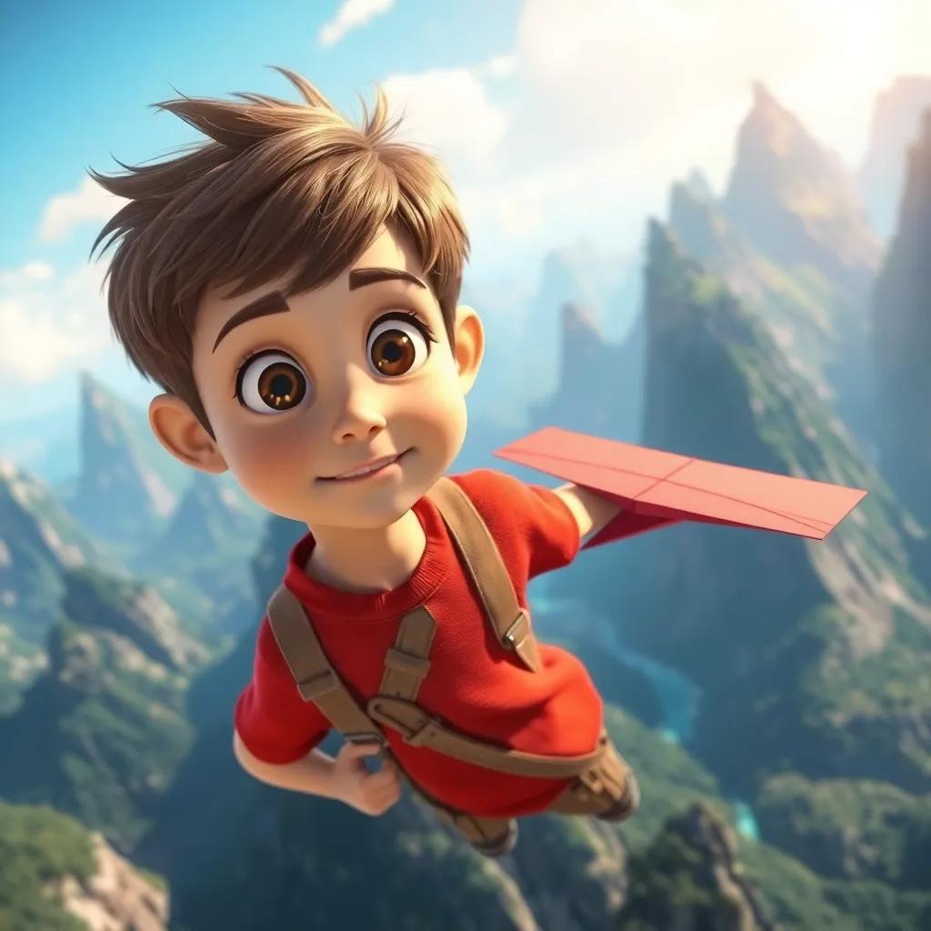 Tommy, a boy with short brown hair in a red shirt, flying over tall, green mountains and sparkling rivers on his paper plane, wide-eyed with amazement, fantastical landscape, digital art, bright and vivid colors, imaginative view