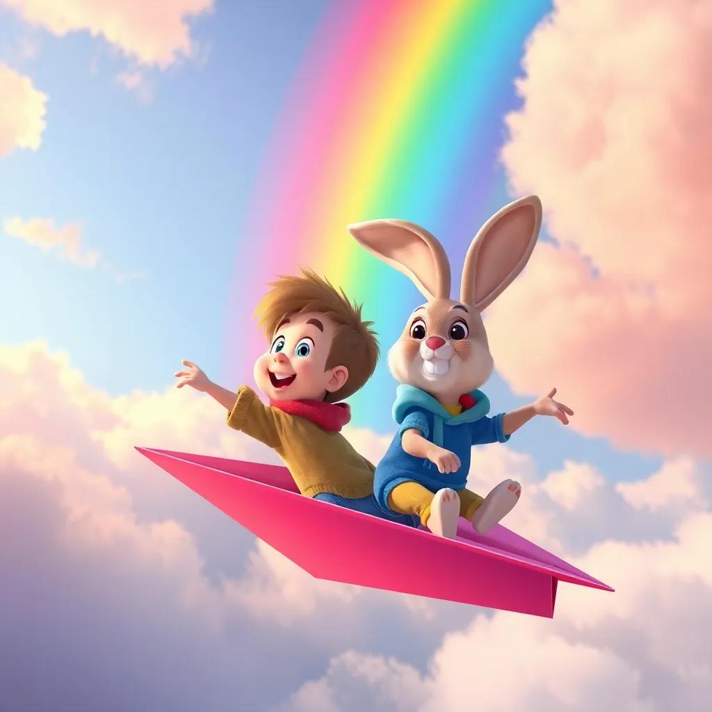 Tommy and Benny, a funny rabbit with floppy ears, spotting a vivid rainbow above as they fly together on a paper plane, soaring high in the sky, colorful and cheerful, dynamic perspective, vivid colors, fantasy illustration