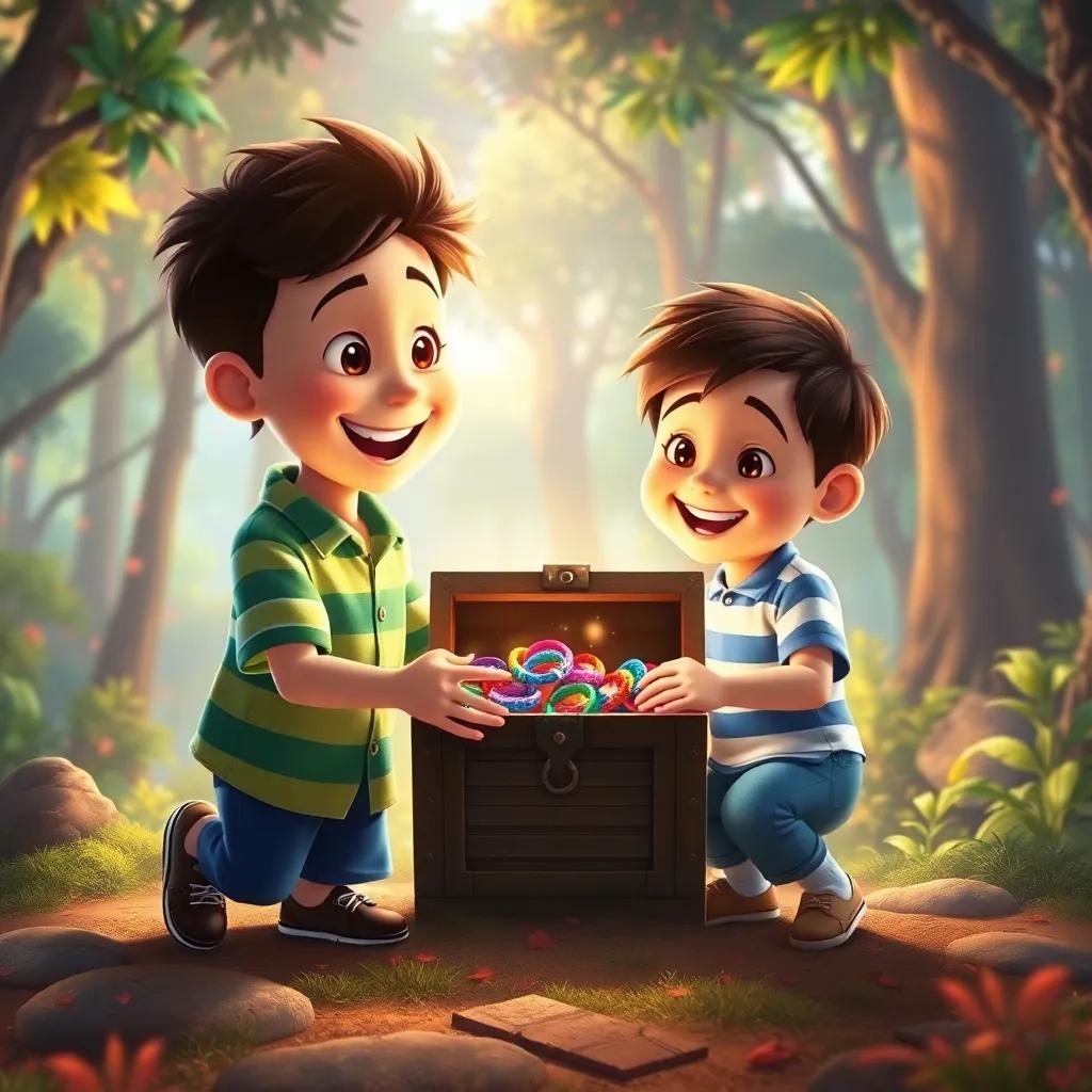 Tommy and Benny finding a treasure chest filled with friendship bracelets at the end of a rainbow, beaming with joy, colorful forest background, warm light, heartwarming scene, digital art, magical feel