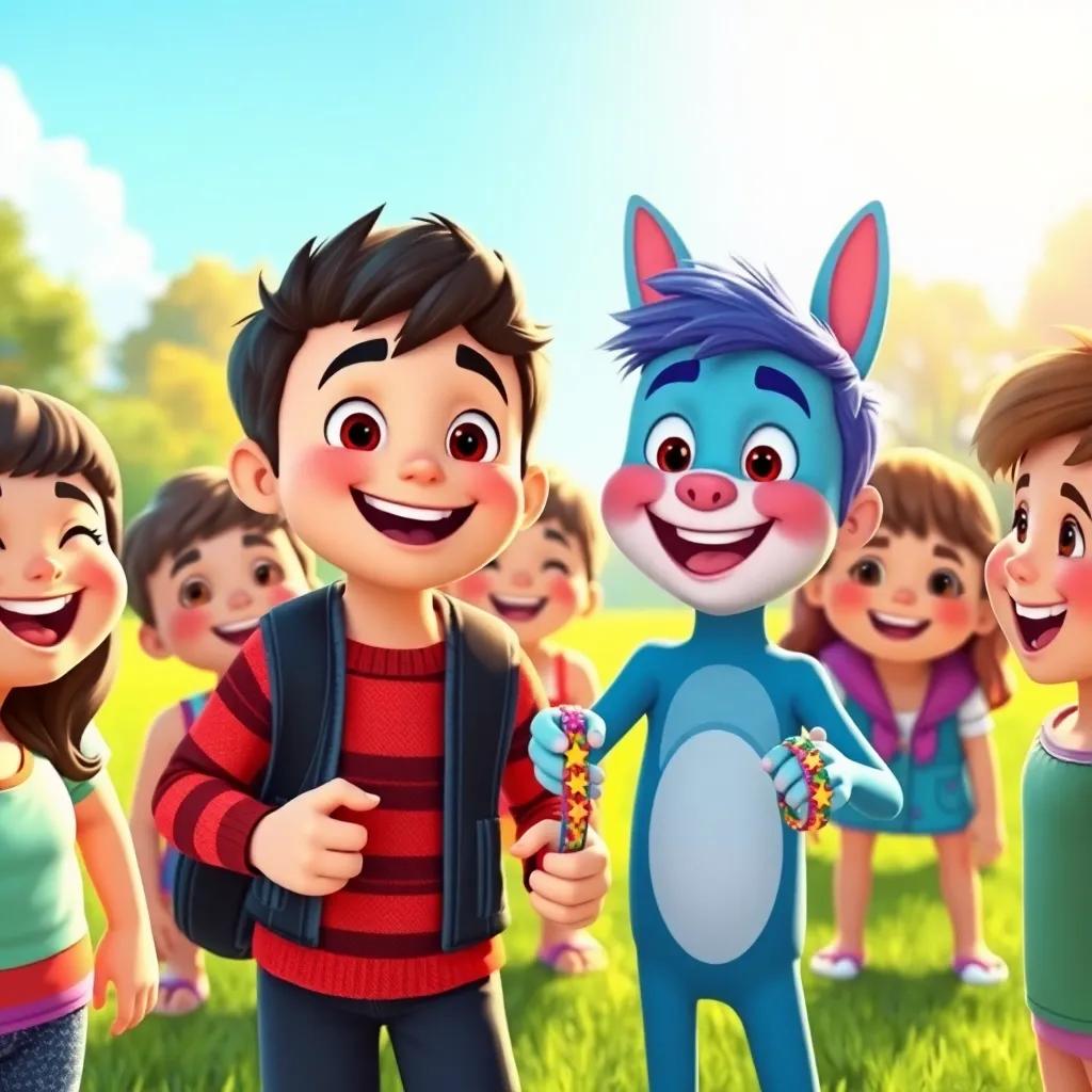 Tommy and Benny, surrounded by happy friends, sharing colorful friendship bracelets in a joyful park under the sun, bright smiling faces, cheerful atmosphere, bright colors, playful digital illustration