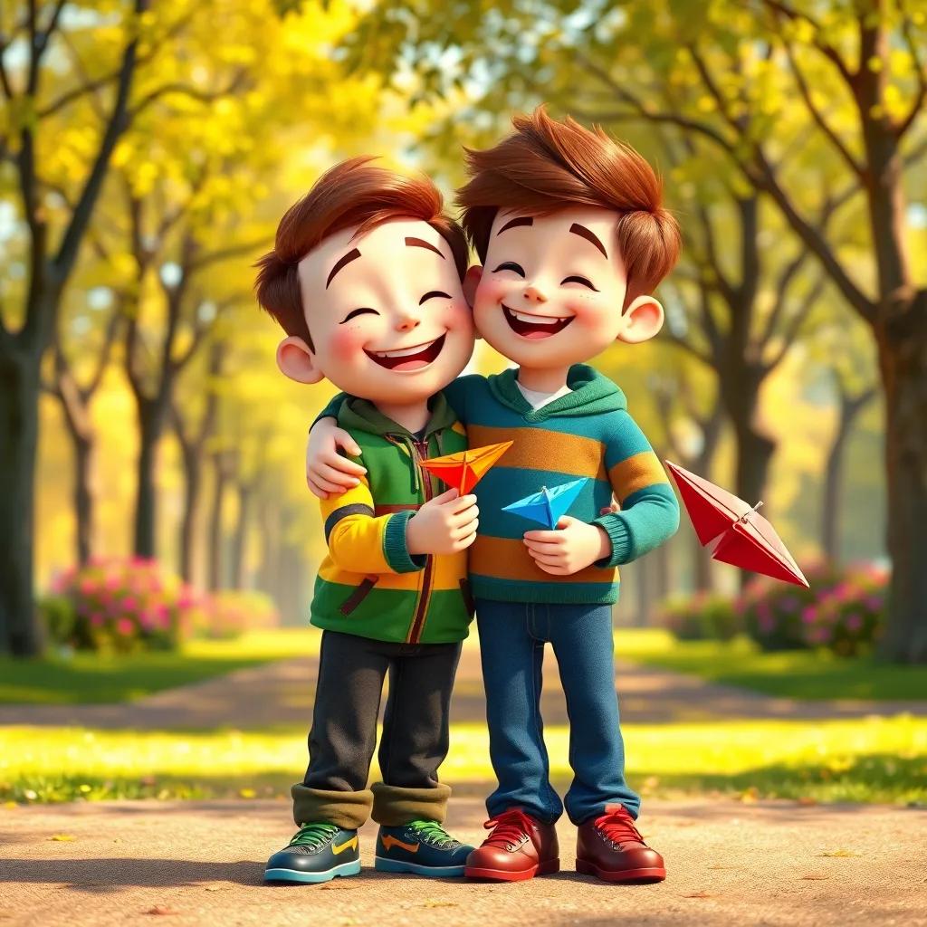 Tommy hugging Benny, both beaming with happiness, standing in a bright park holding colorful paper planes, symbolizing friendship and adventure, heartwarming scene, warm colors, joyful atmosphere, high quality