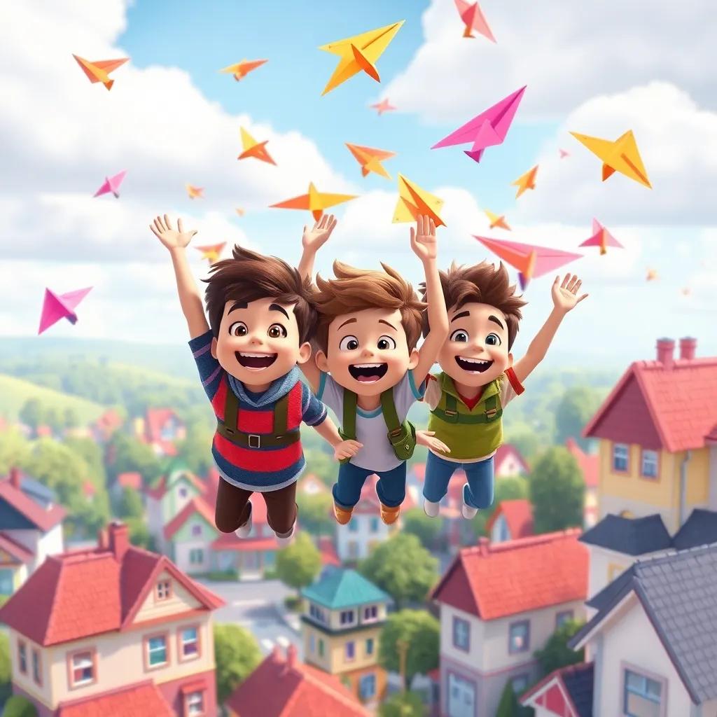 Tommy, Benny, and their friends, flying colorful paper planes together in the sky above a cheerful town, spreading joy and laughter, vibrant and colorful, lively scene, imaginative digital art