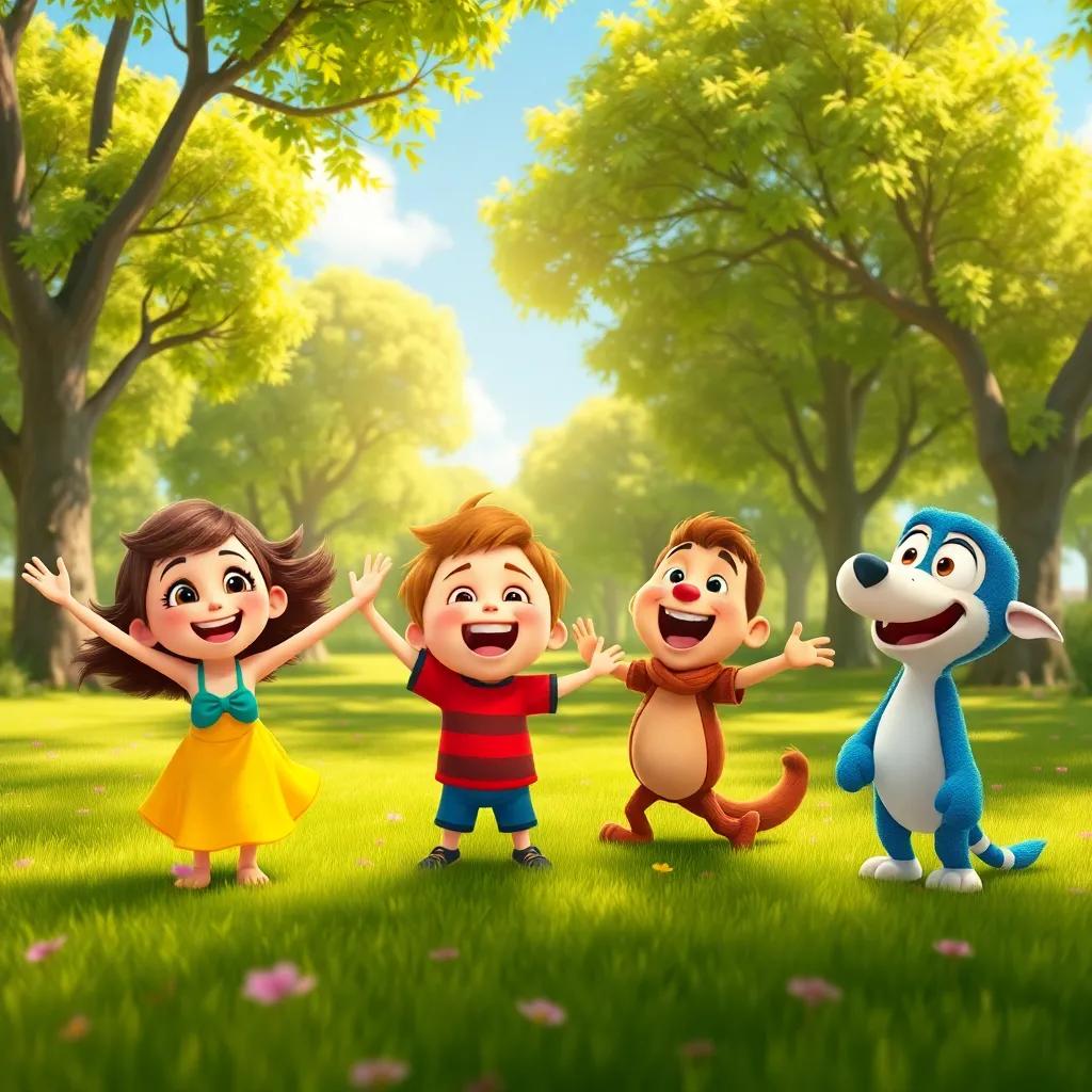 In a sunny park filled with laughter and green trees, four friends gather excitedly, Lilly, Jack, Sultan, and Arlo, all eager for fun, digital art, cheerful, vibrant colors, bright atmosphere, high quality