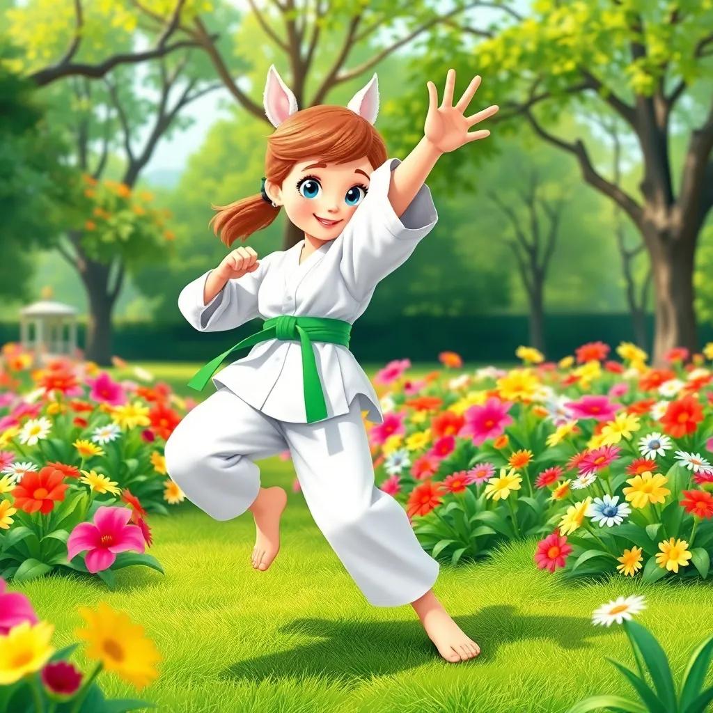 Lilly practicing karate, wearing a white gi and a bright green belt, confidently executing a high kick, surrounded by colorful flowers in the park, illustration, energetic, lively colors, child-friendly, dynamic composition