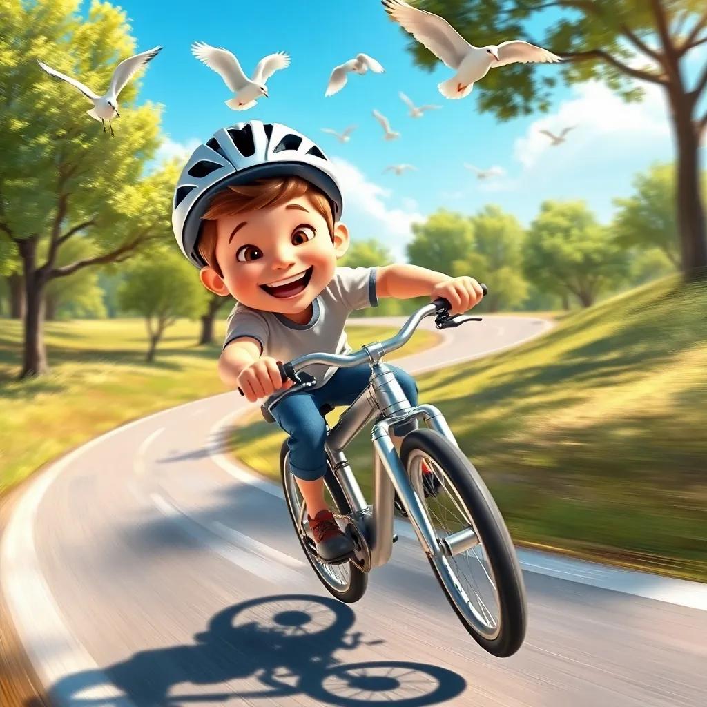 Jack riding his silver bike, zooming on a winding path, wearing a helmet and a huge smile, with birds flying overhead and trees on each side, digital painting, cheerful, bright sunlight, high contrast, action-packed
