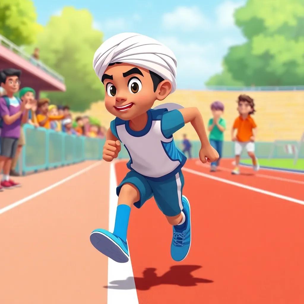 Sultan sprinting on a track, wearing blue sneakers and athletic gear, his determined expression as he races ahead, with cheering friends in the background, illustration, colorful, exciting atmosphere, child-friendly