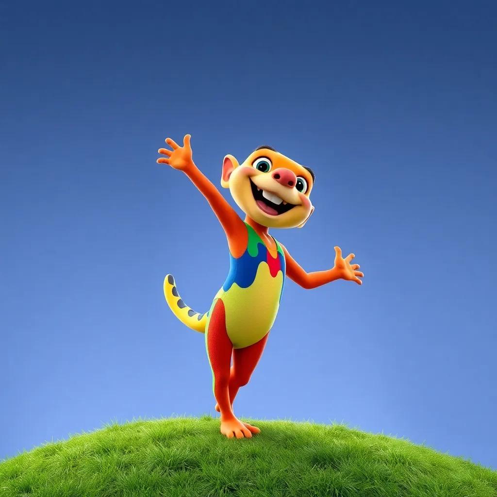 Arlo performing gymnastics moves, wearing a colorful leotard, gracefully landing a flip on a grassy patch, his expression joyful as he shows off his skills, vibrant colors, cheerful, dynamic perspective, high quality