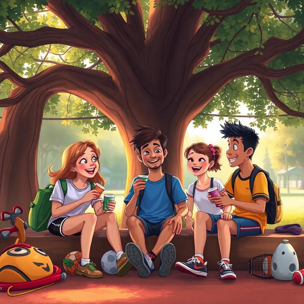 The friends taking a break under a big tree, sharing snacks and laughing together, surrounded by sports equipment, their expressions filled with joy and friendship, digital art, warm tones, inviting atmosphere, high quality