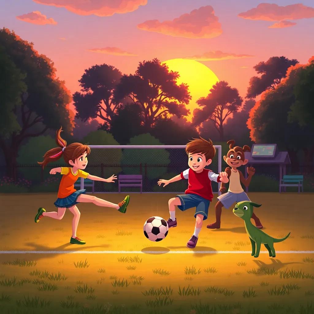 The group playing football, Lilly kicking the ball towards the goal, Jack running, Sultan and Arlo cheering, a beautiful park setting with a sunset backdrop, illustration, lively, warm colors, action-packed