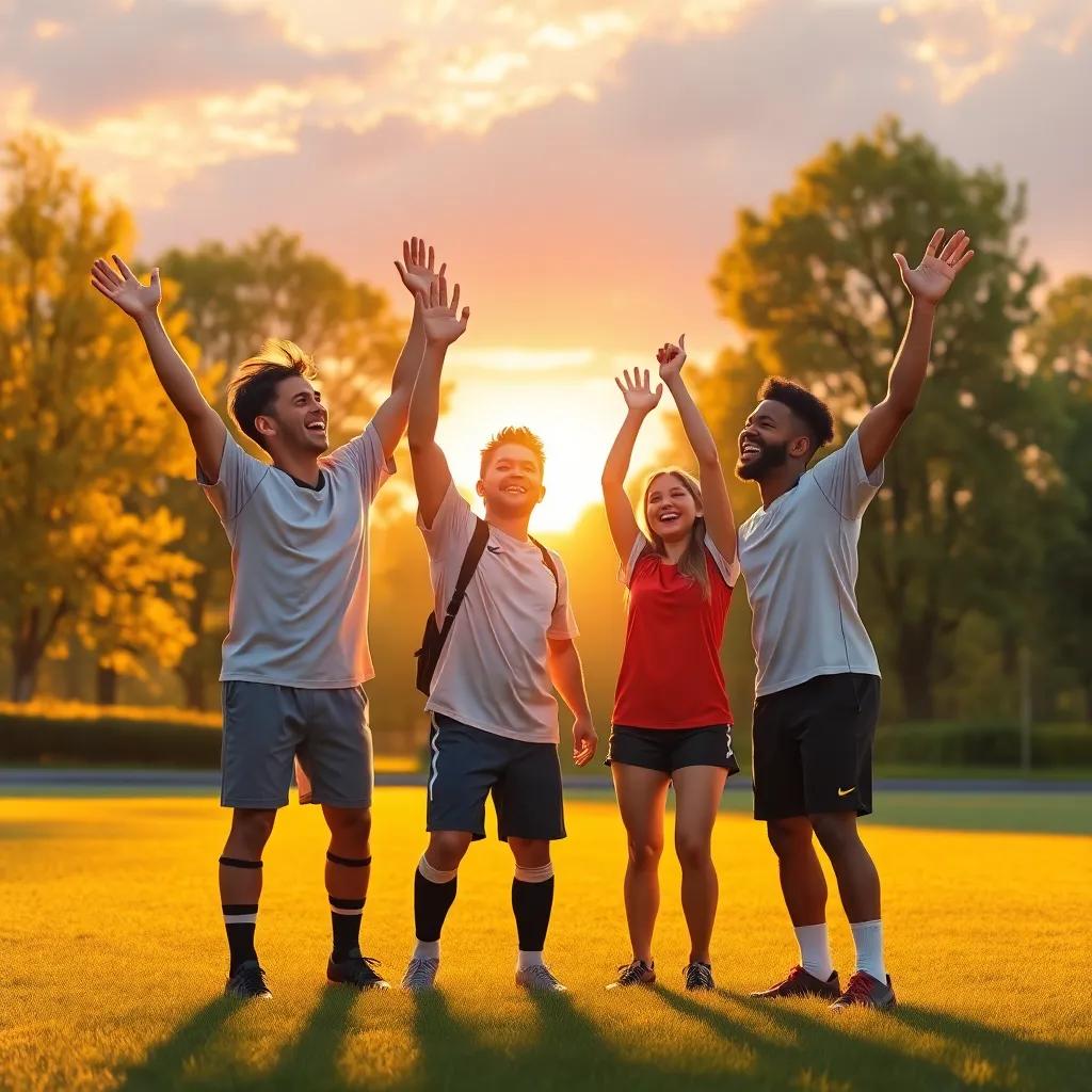 The friends celebrating a goal, arms raised in joy, the park bathed in golden sunset light, laughter and happiness surrounding them, digital art, warm colors, atmosphere of victory, high quality