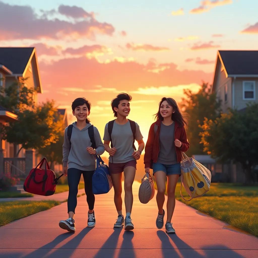 The friends walking home together as the sun sets, smiles on their faces, their sports gear in hand, a sense of camaraderie and happiness in the air, digital painting, warm and inviting, high quality