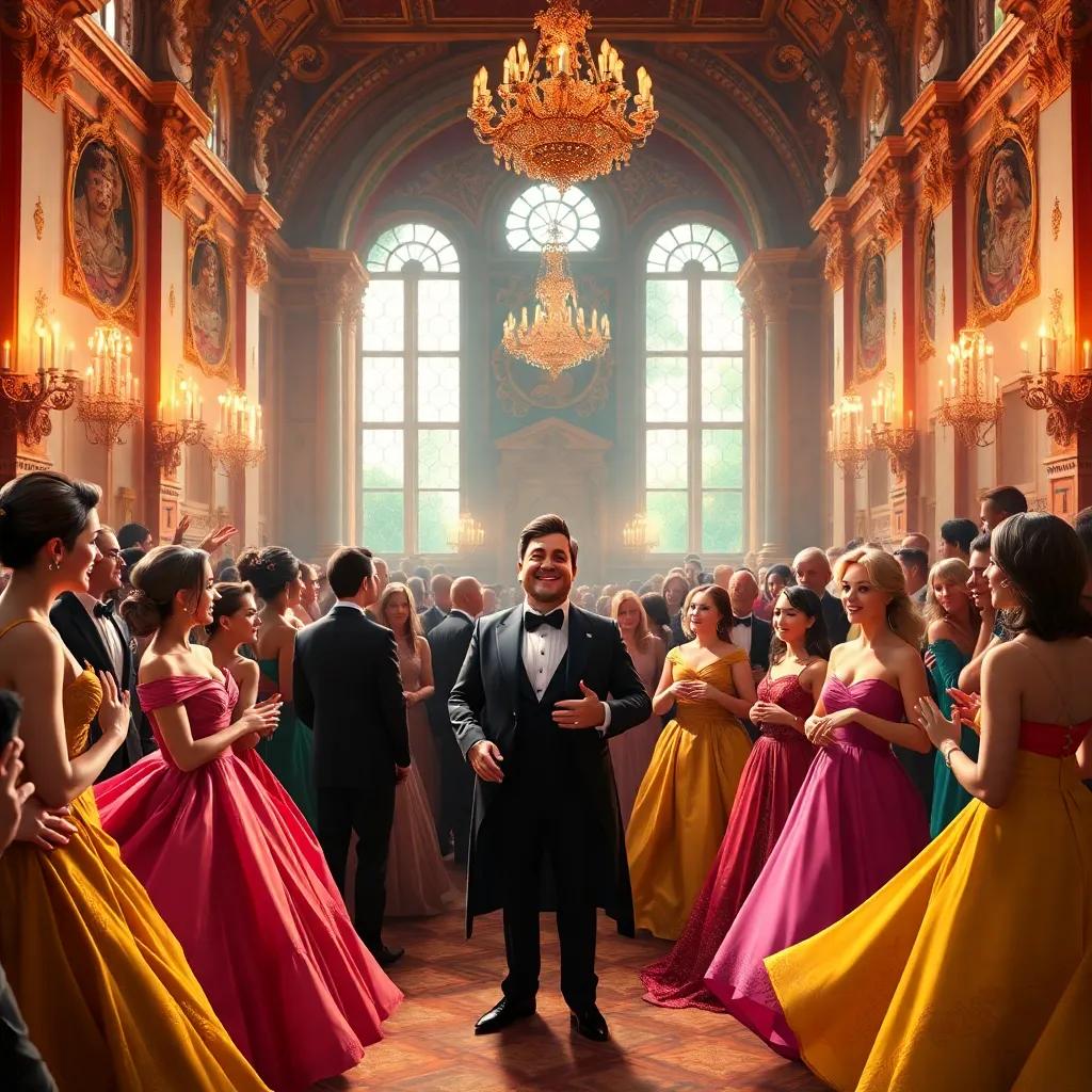A grand castle filled with elegantly dressed guests, with Nicolas Fouquet at the center, excitedly talking, colorful gowns swirling, evening light, rich details, joyful atmosphere, high quality